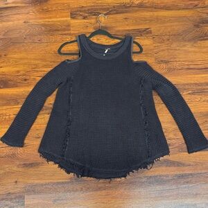 Free People Waffle Knit Cold Shoulder Top | Black | S